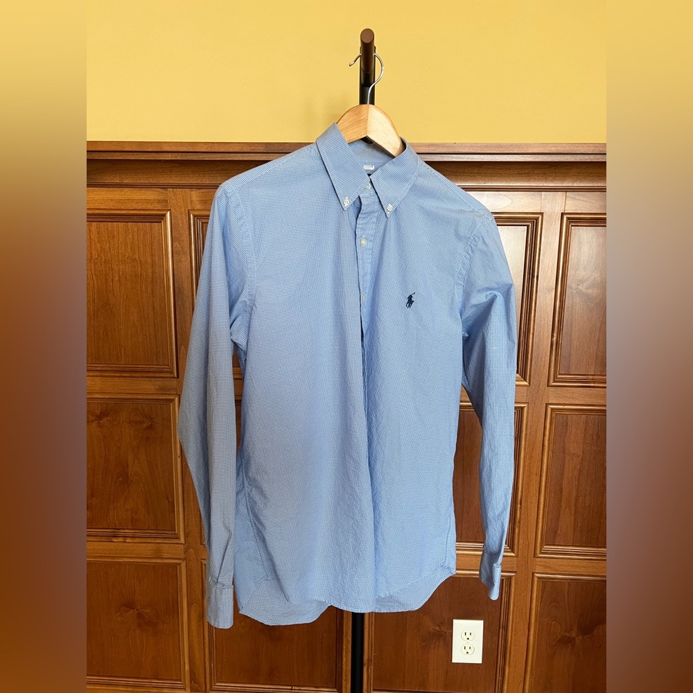 Ralph Lauren Shirt Men's Dress 100% Cotton Light Blue White Check Size M